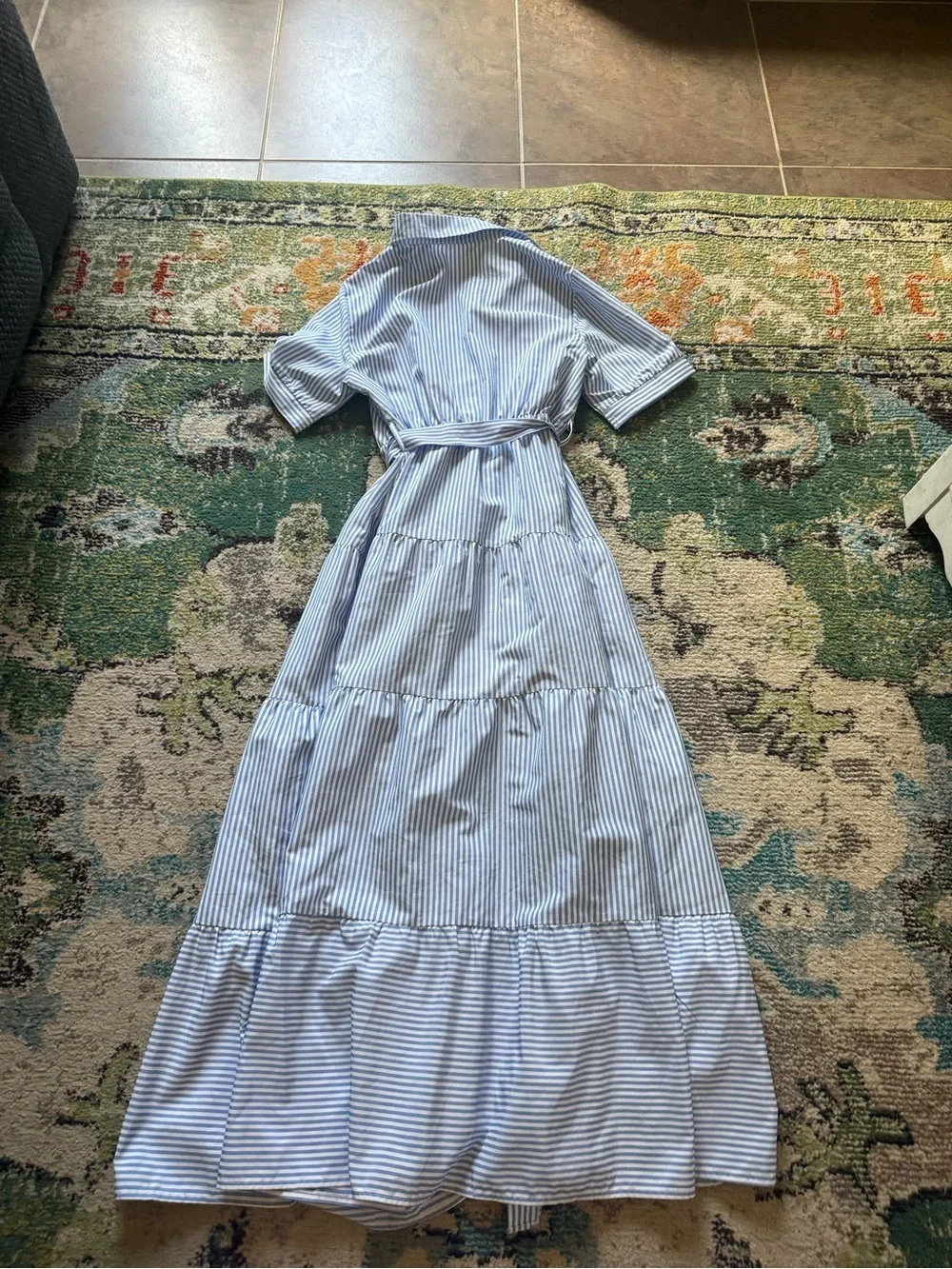 SHEIN Blue & White Striped Button Front Tiered Maxi Shirt Dress Size Medium